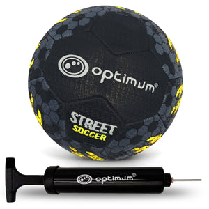 Street Football – Yellow with hand pump, tyre-grip all-surface match & training ball, Sizes 3–5 - Optimum