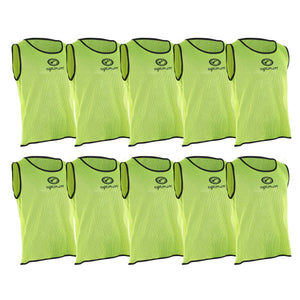 Ten fluorescent yellow mesh Optimum training bibs with black trim and logo, arranged on white - Optimum