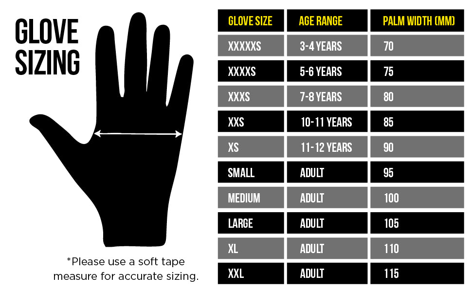 Optimum glove sizing guide: hand diagram and table of glove sizes, age ranges and palm width in mm - Optimum