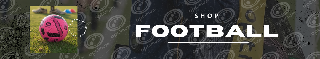 Shop Football web banner with pink Optimum football on grass, dark Optimum-branded background - Optimum