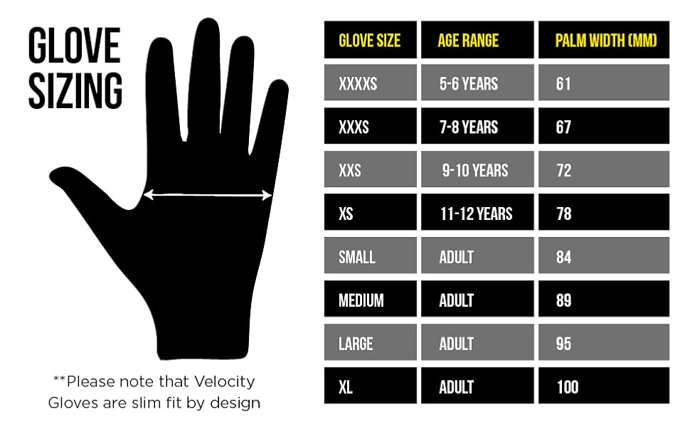 Velocity glove sizing guide: hand diagram and table of sizes, age ranges and palm width; slim-fit design - Optimum