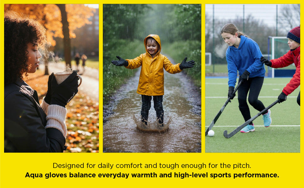 Aqua gloves feature graphic: three lifestyle scenes; everyday warmth and high-level sports performance - Optimum