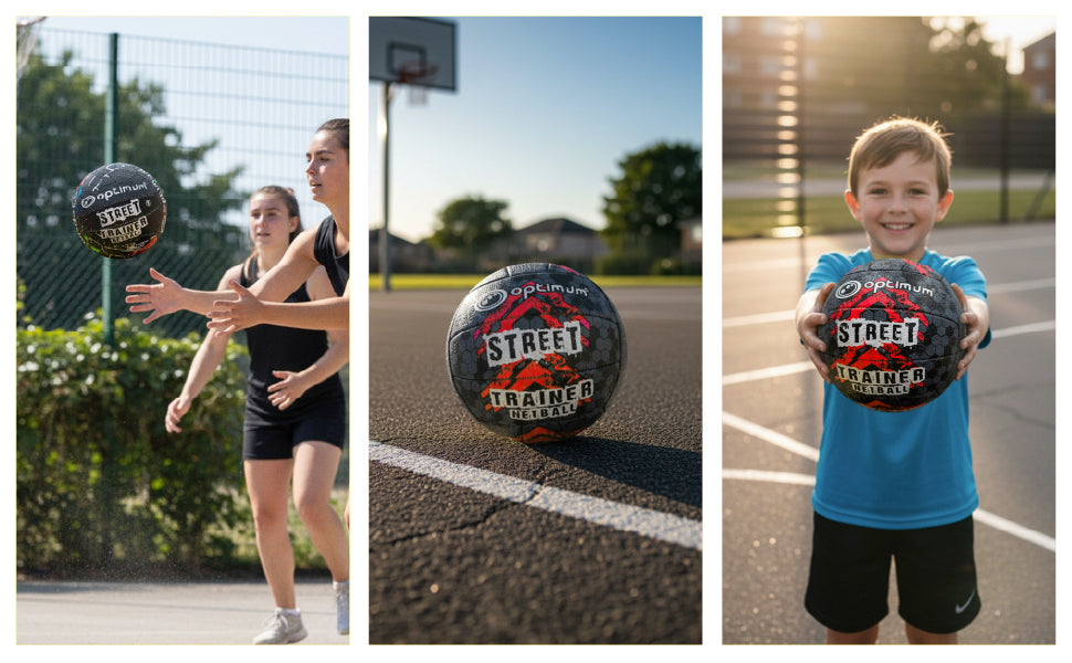 Feature graphic: three lifestyle photos using black and red Optimum Street Trainer netball on courts - Optimum