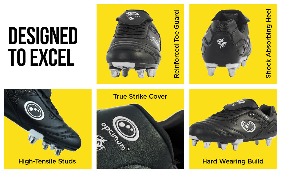 Feature graphic: black Razor rugby boot detail panels - toe guard, heel, studs, strike cover, build - Optimum
