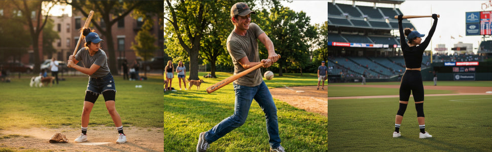 Lifestyle triptych: young player batting with a wooden bat on a field at dusk - Optimum