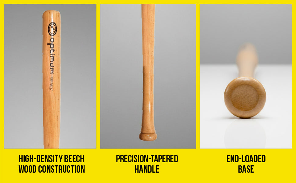 Info graphic: Optimum wooden bat - beech wood build, tapered handle, end-loaded base - Optimum