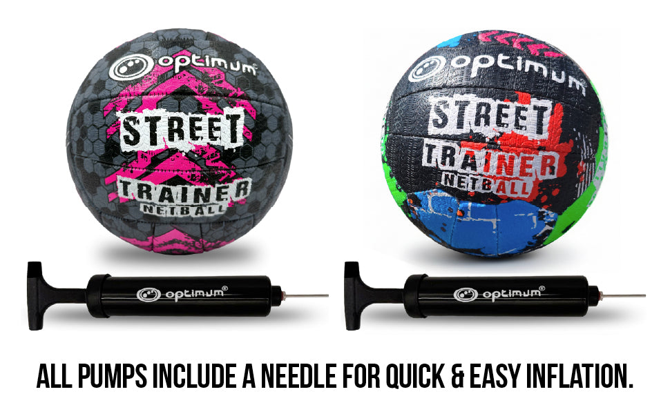 Feature graphic: two Street Trainer netballs with Optimum pumps, needle-included inflation text - Optimum
