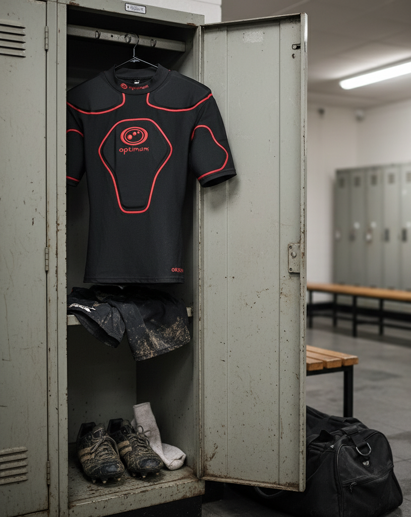 Optimum black rugby body protection top with red trim and logo hanging in a changing-room locker - Optimum