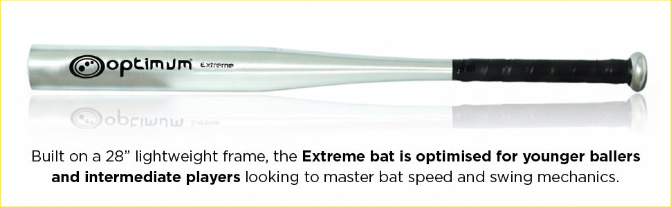Info graphic: silver Optimum Extreme bat on 28in lightweight frame, optimised for younger players - Optimum