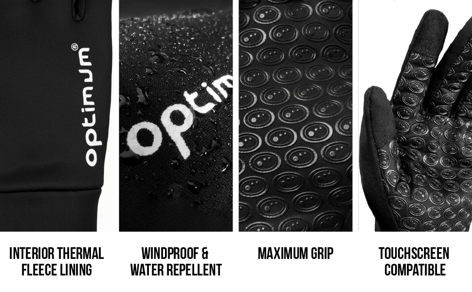 Optimum gloves feature graphic: close-ups of thermal fleece lining, windproof, grip and touchscreen compatibility - Optimum