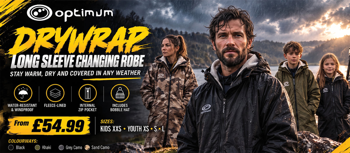 Drywrap long sleeve changing robe promo banner, family wearing Optimum robes outdoors, from £54.99 - Optimum