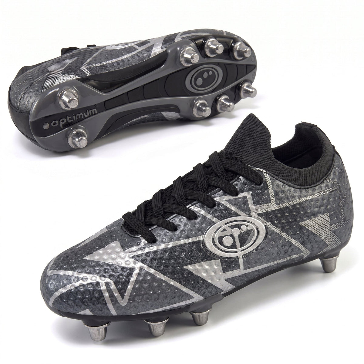 Black Optimum Aztec rugby boot, top-down and side views showing screw-in metal studs and lace-up - Optimum