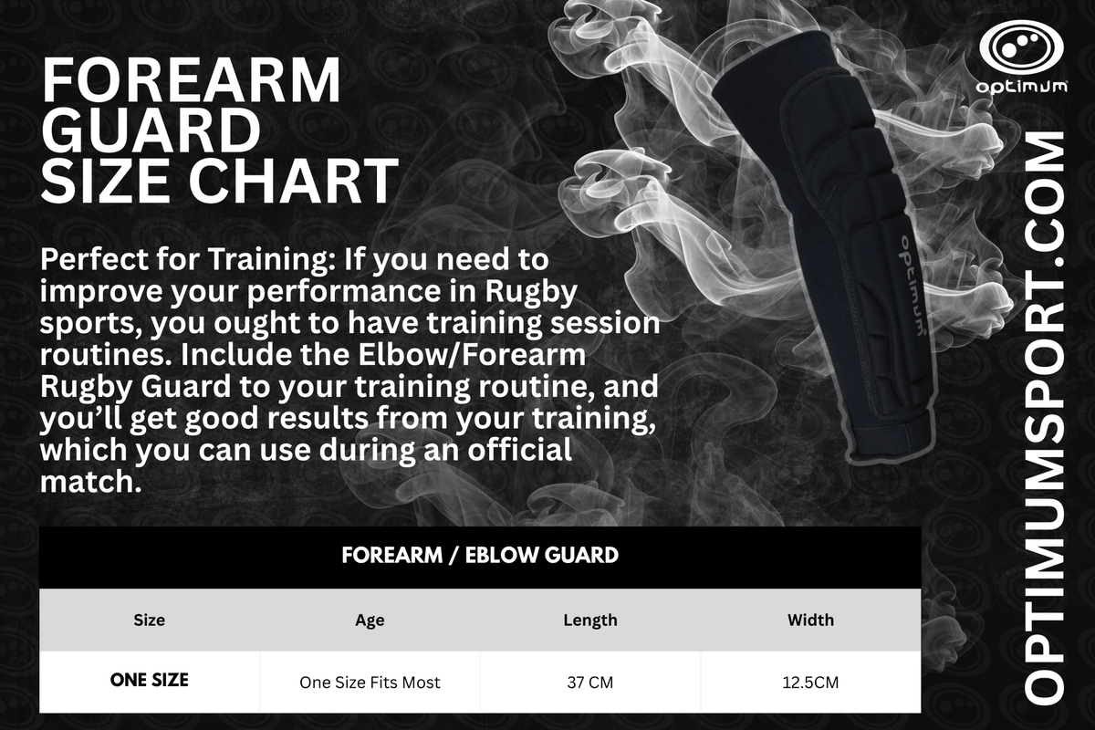 Optimum forearm guard size chart, one size, with product image and smoke background - Optimum