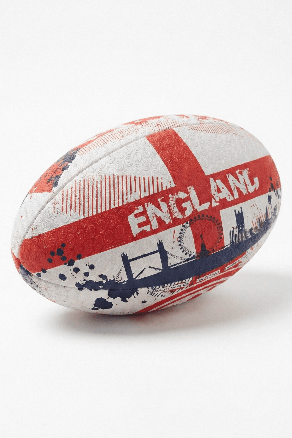 White and red Optimum England rugby ball with St George's cross and London skyline, on white - Optimum