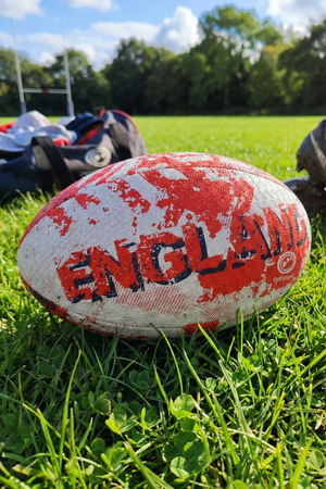 White and red Optimum England rugby ball with ENGLAND print on grass by rugby posts and trees - Optimum