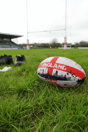 White and red Optimum England rugby ball with ENGLAND print on grass by rugby posts at a ground - Optimum