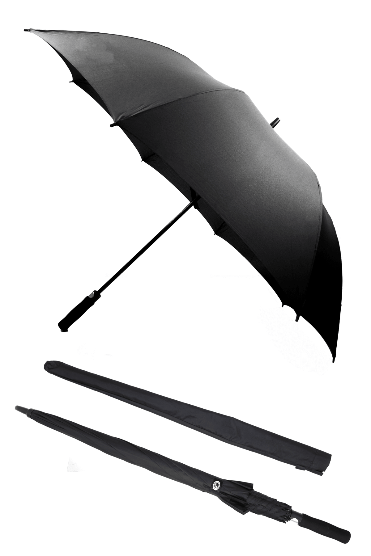 Black Optimum golf umbrella shown open and closed with carry sleeve, on white background - Optimum