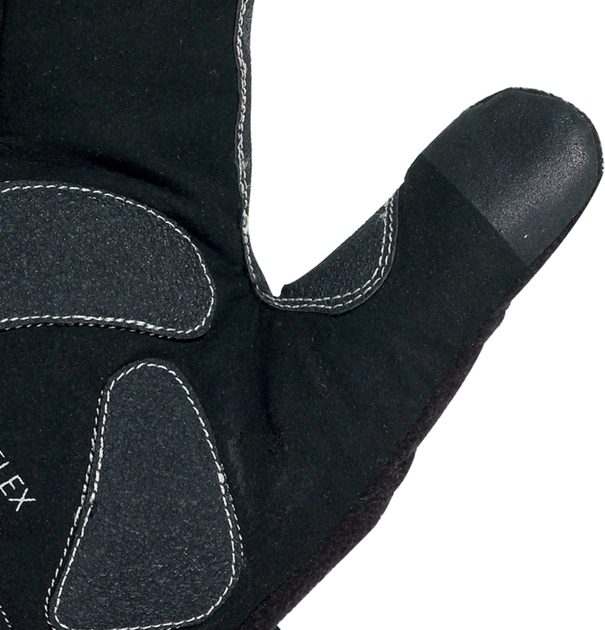 Close-up of black lobster glove thumb and grey Opti-Flex palm padding, on white - Optimum