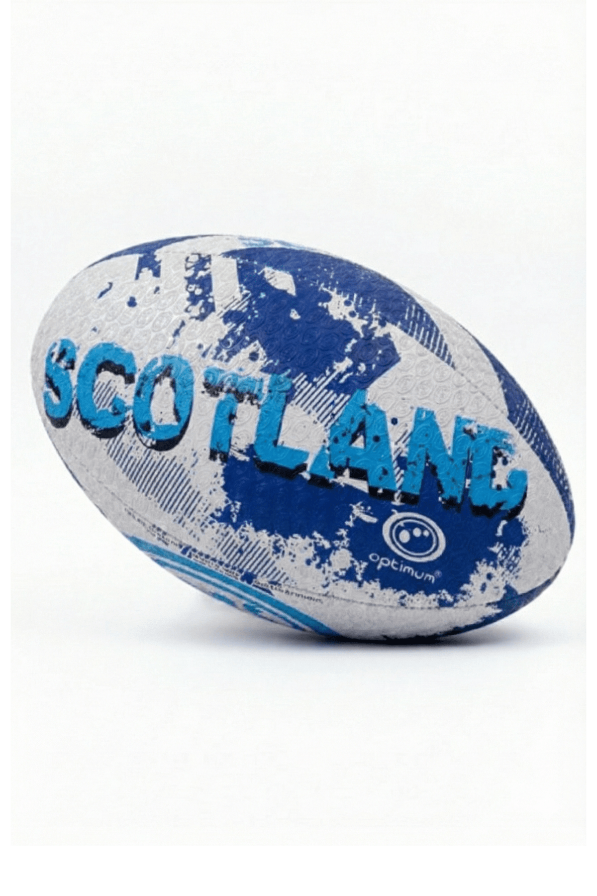 White and blue Optimum Scotland rugby ball with bold SCOTLAND print and logo, lying on white - Optimum