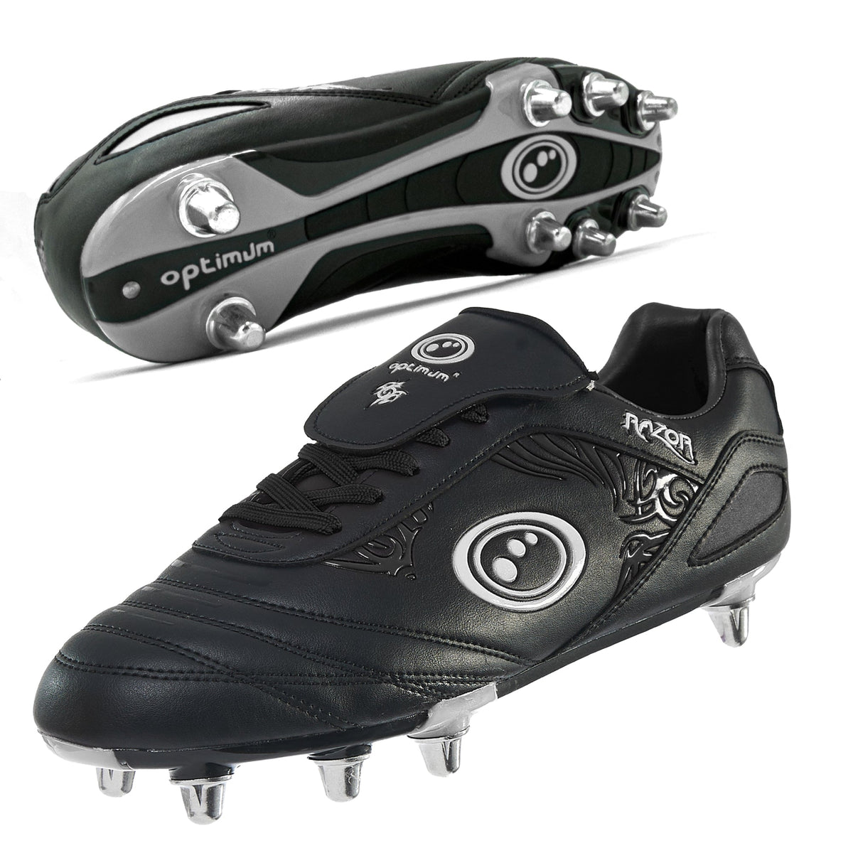 Optimum Razor rugby boot in all black, side and sole views showing 8 metal screw-in studs - Optimum