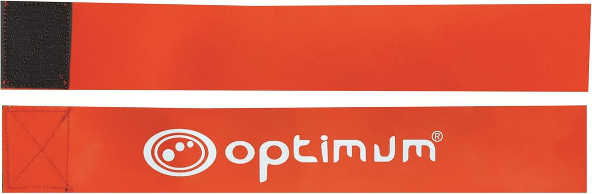 Two red PVC Optimum tag rugby flags laid flat with white logo and black velcro ends, on white