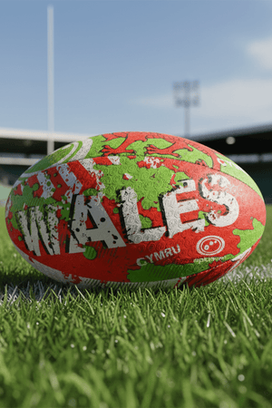 Red, green and white Optimum Wales rugby ball with WALES CYMRU print on a pitch by stadium floodlights - Optimum