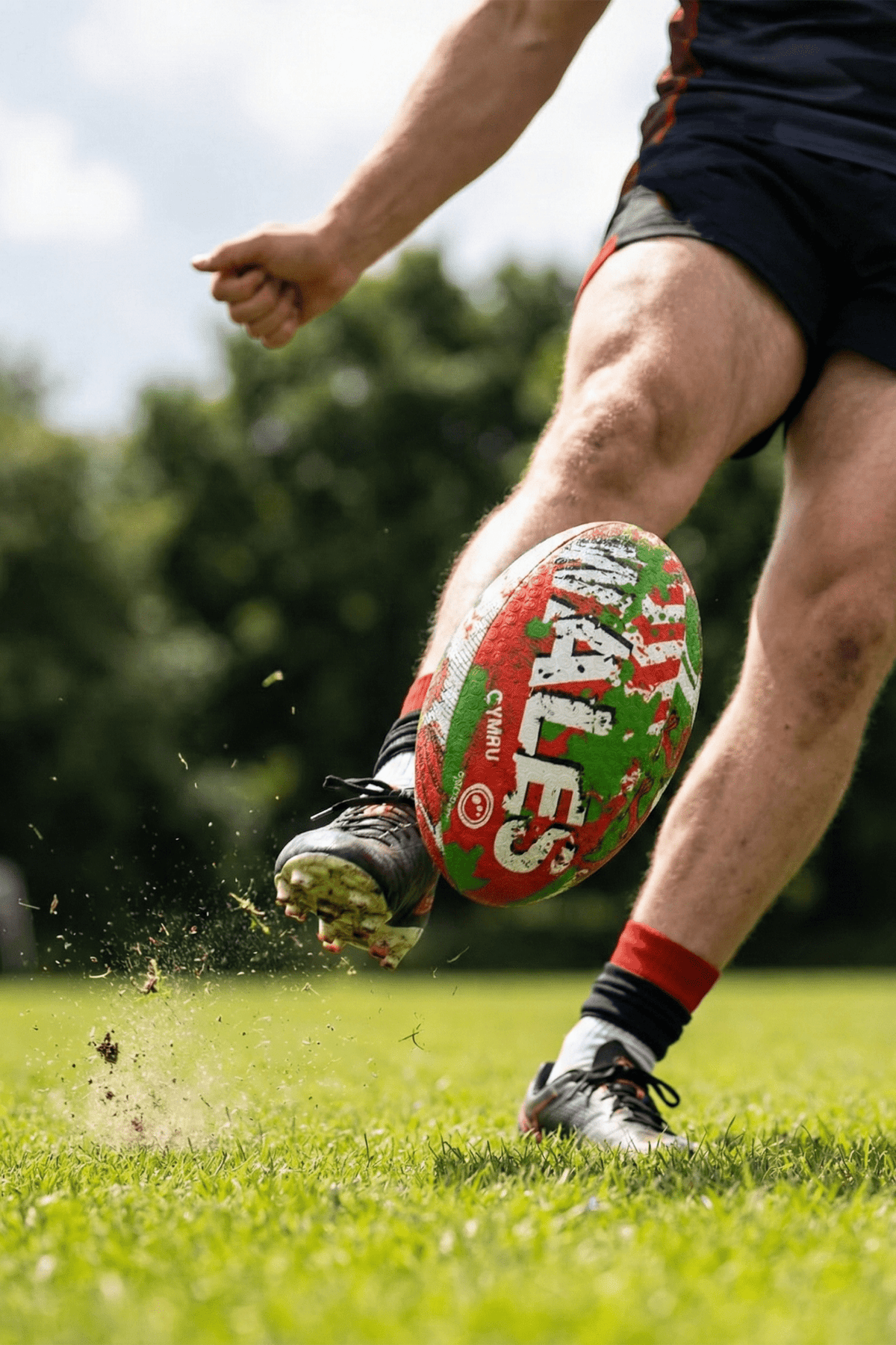 Player kicking a red, green and white Optimum Wales rugby ball, spraying turf, on a grass field - Optimum