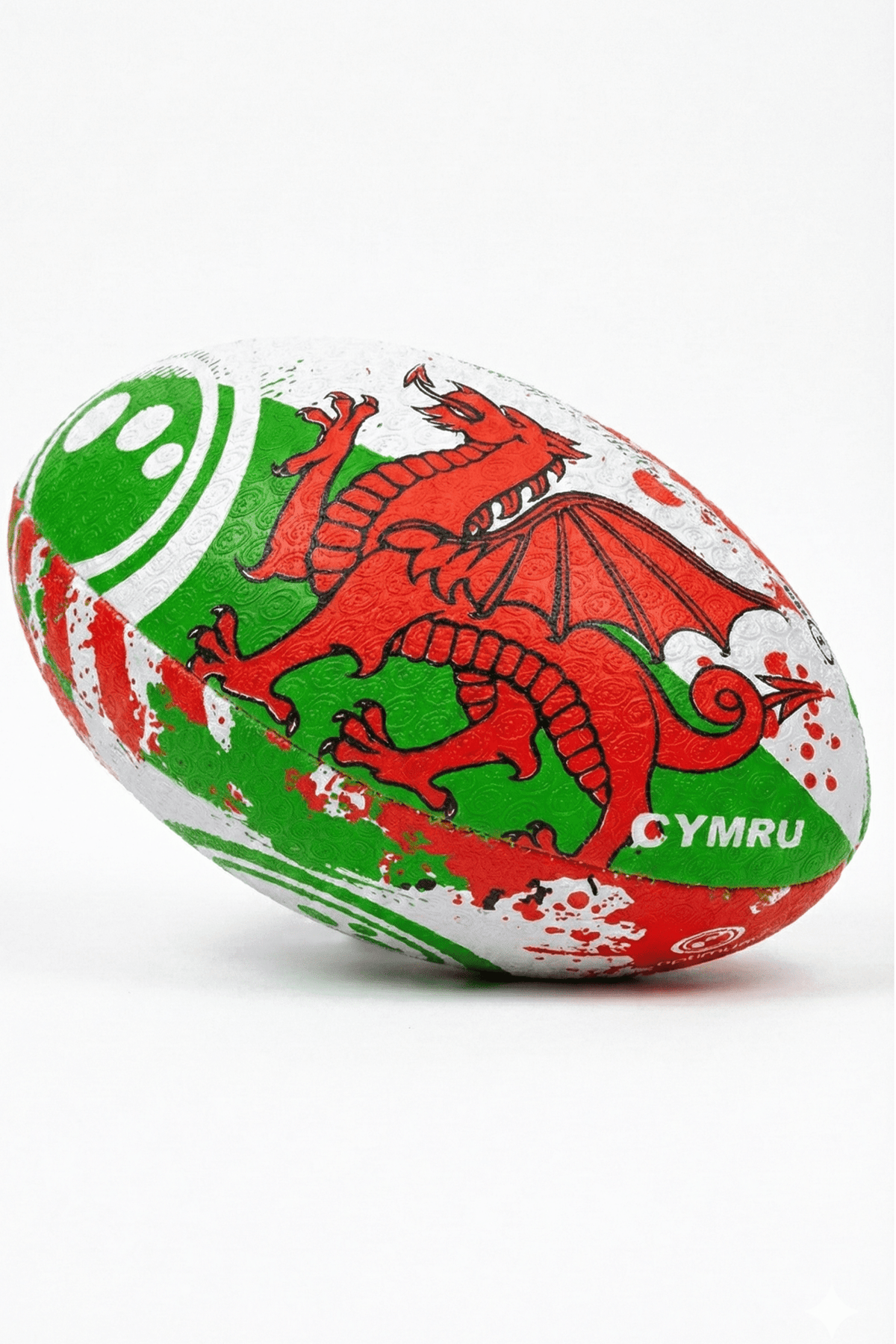 White, green and red Optimum Wales rugby ball with red dragon and CYMRU print, angled on white - Optimum