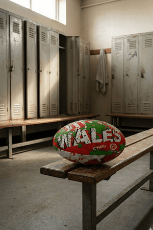 Red, green and white Optimum Wales rugby ball with WALES CYMRU print on a bench by lockers - Optimum