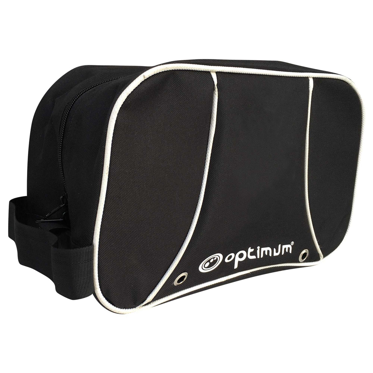 Black Optimum boot bag with white piping, logo, side zip and carry handle, angled view on white - Optimum