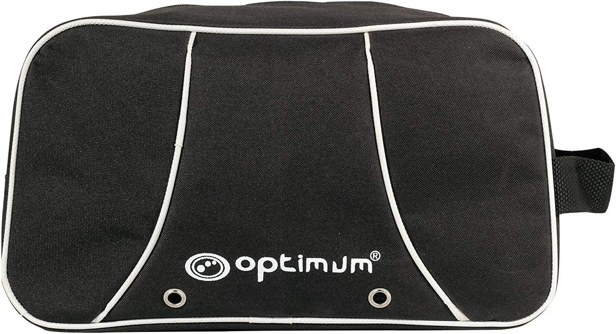 Black Optimum boot bag with white piping trim, logo, vent eyelets and side handle, on white - Optimum