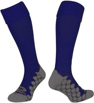 Pair of navy Classico football socks with grey hexagonal grip footbed on white - Optimum