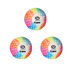 Three multi-colour rainbow dimpled Optimum Fusion hockey balls with black logo, grouped on white - Optimum