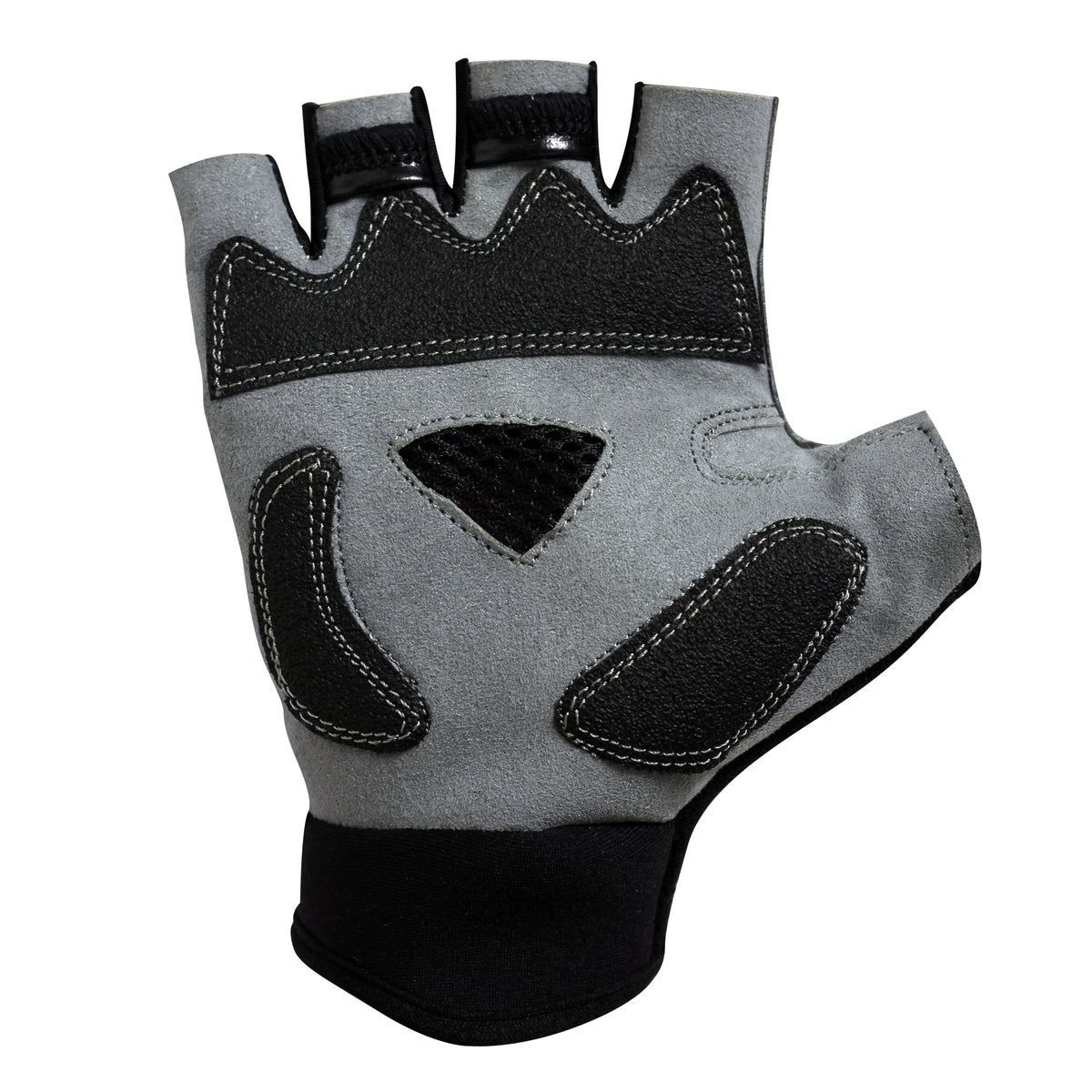 Grey and black half-finger cycling glove, palm view with padded gel pads and mesh vent panel, on white - Optimum