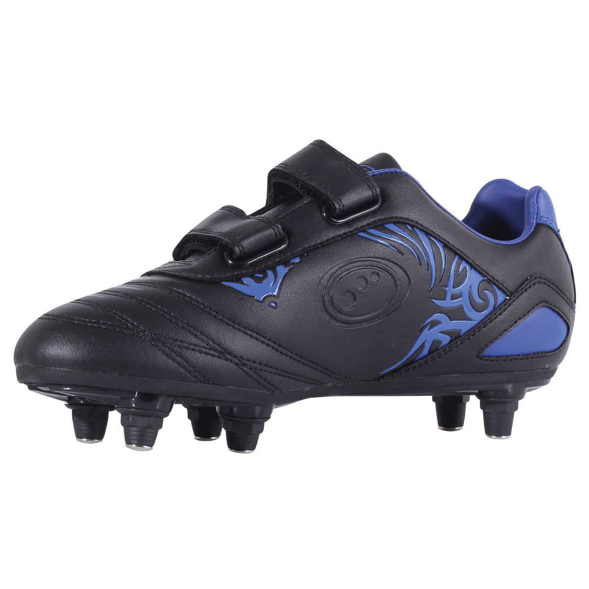 Black and blue junior Optimum Razor football boot, side view with blue tribal print and twin touch-fasten straps - Optimum