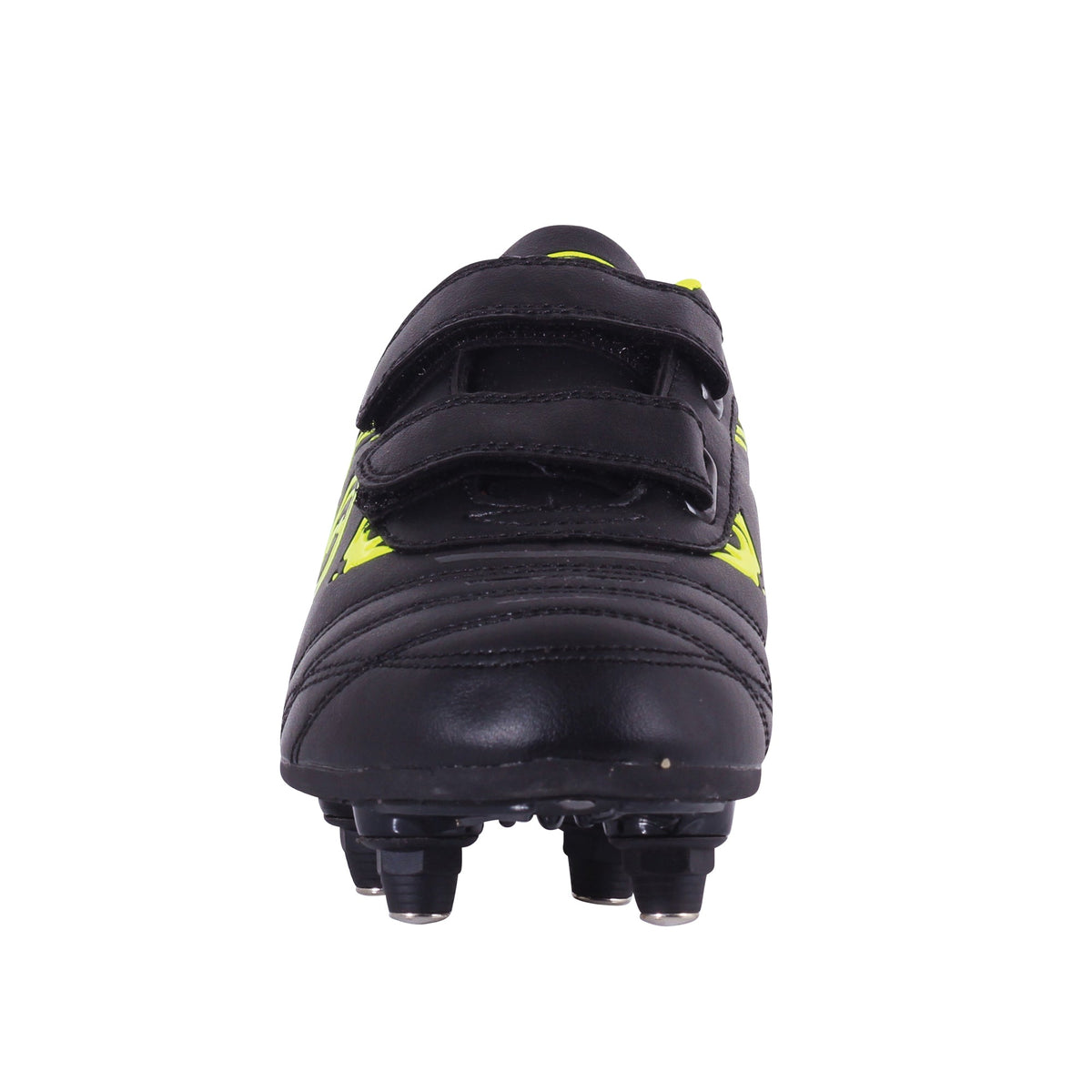 Black and fluro yellow junior Optimum Razor football boot, front-on view with twin touch-fasten straps and studs - Optimum