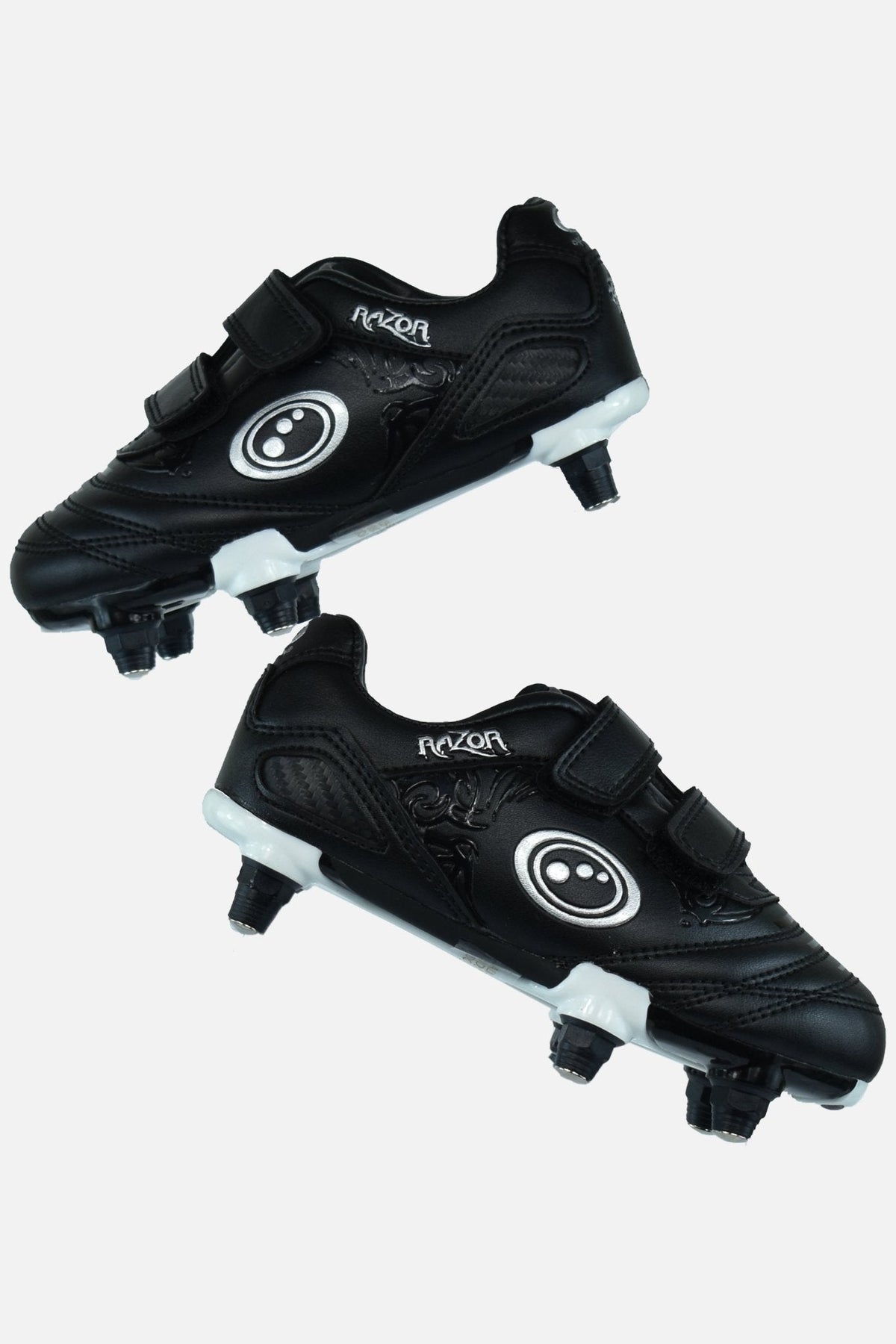 Black and white junior Optimum Razor football boots with twin touch-fasten straps and screw-in studs, pair - Optimum