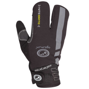 Black three-finger lobster cycling glove, back view with reflective stripe and NiteBrite logo, on white - Optimum