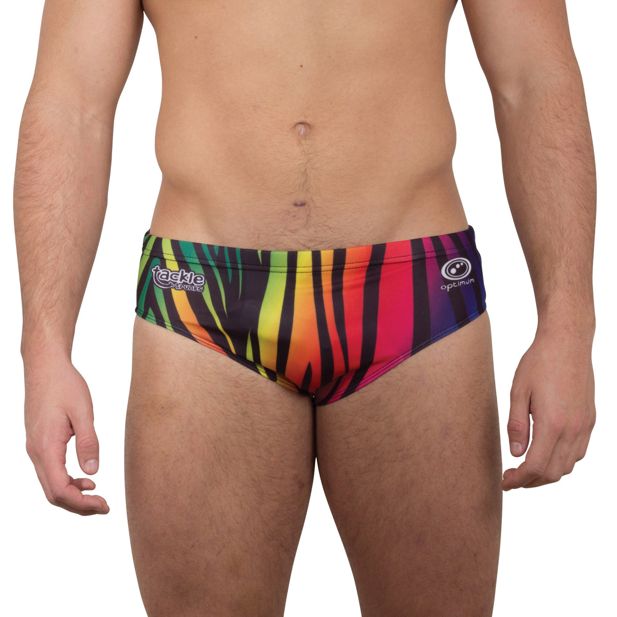 Rainbow zebra print Optimum tackle trunks, front view on model with Tackle Trunks and Optimum logos - Optimum