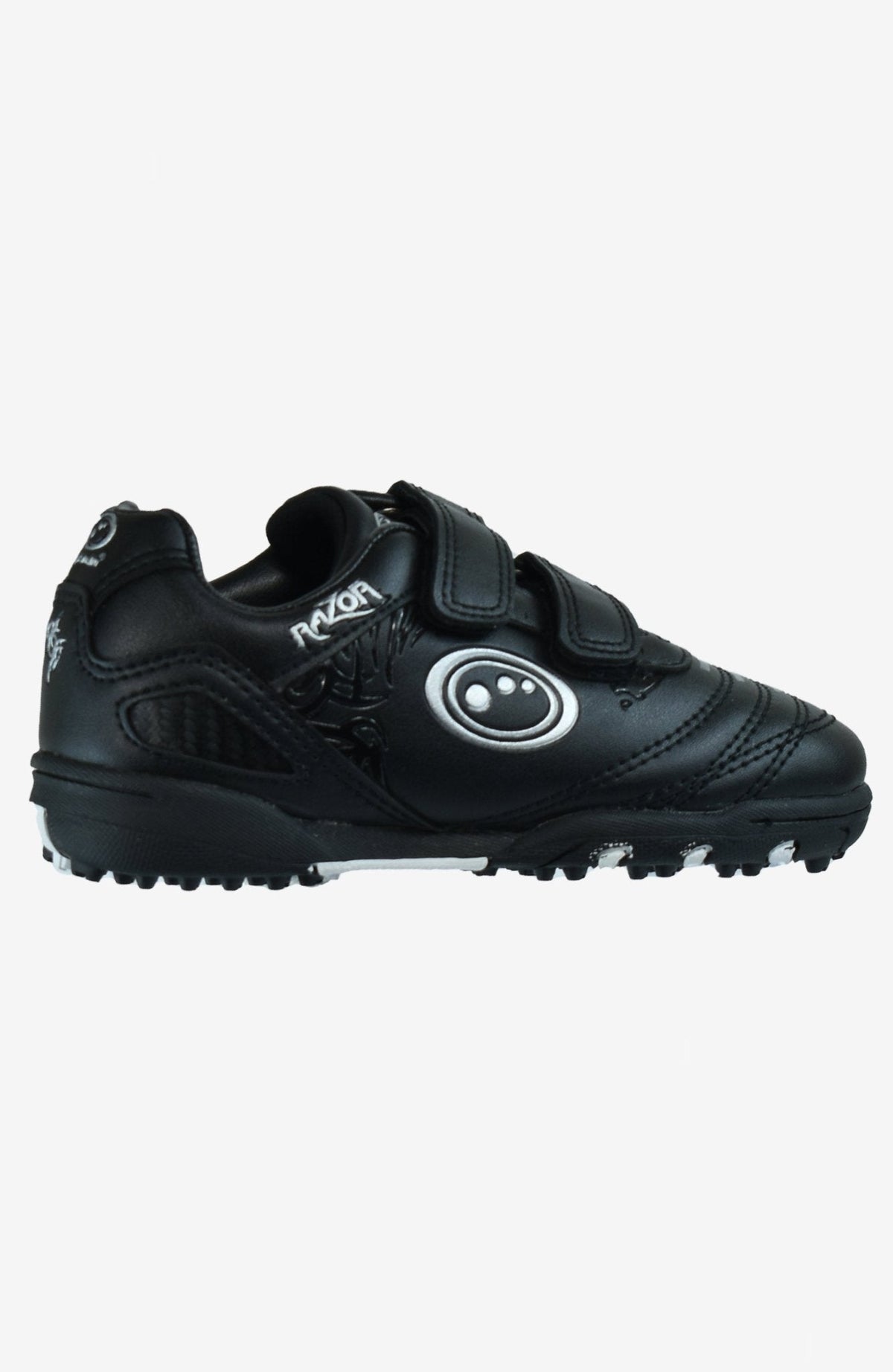 Black Optimum Razor astro trainer side view with silver Razor logo, twin straps and studded sole - Optimum