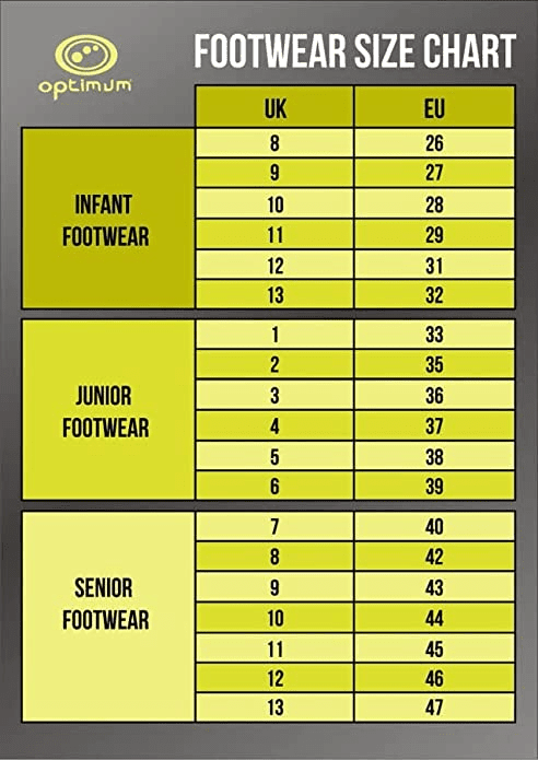 Optimum footwear size chart in yellow and grey with UK to EU sizes for infant, junior and senior - Optimum