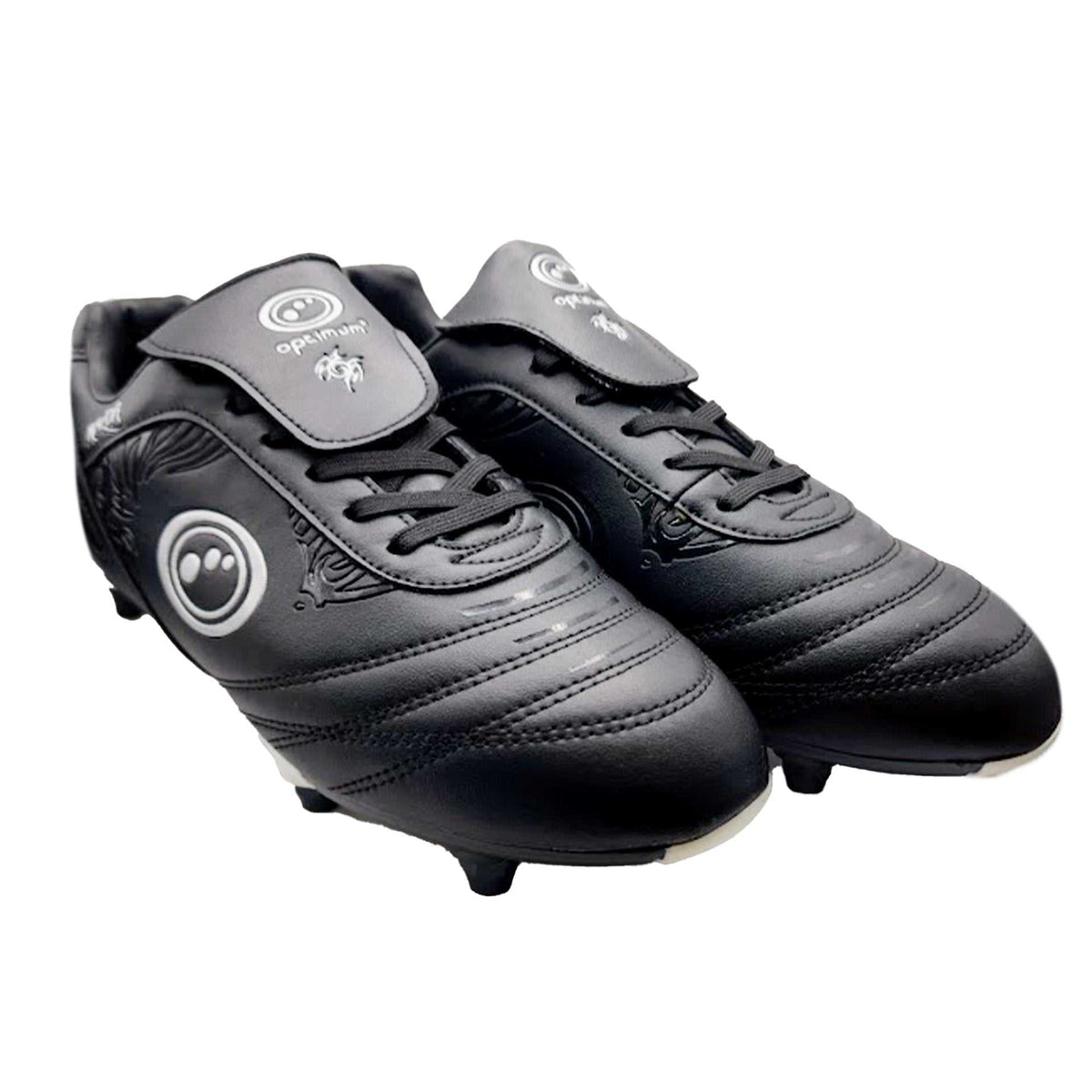 Pair of black Optimum Razor lace-up football boots with grey tongue, white logo and studded soles, on white - Optimum