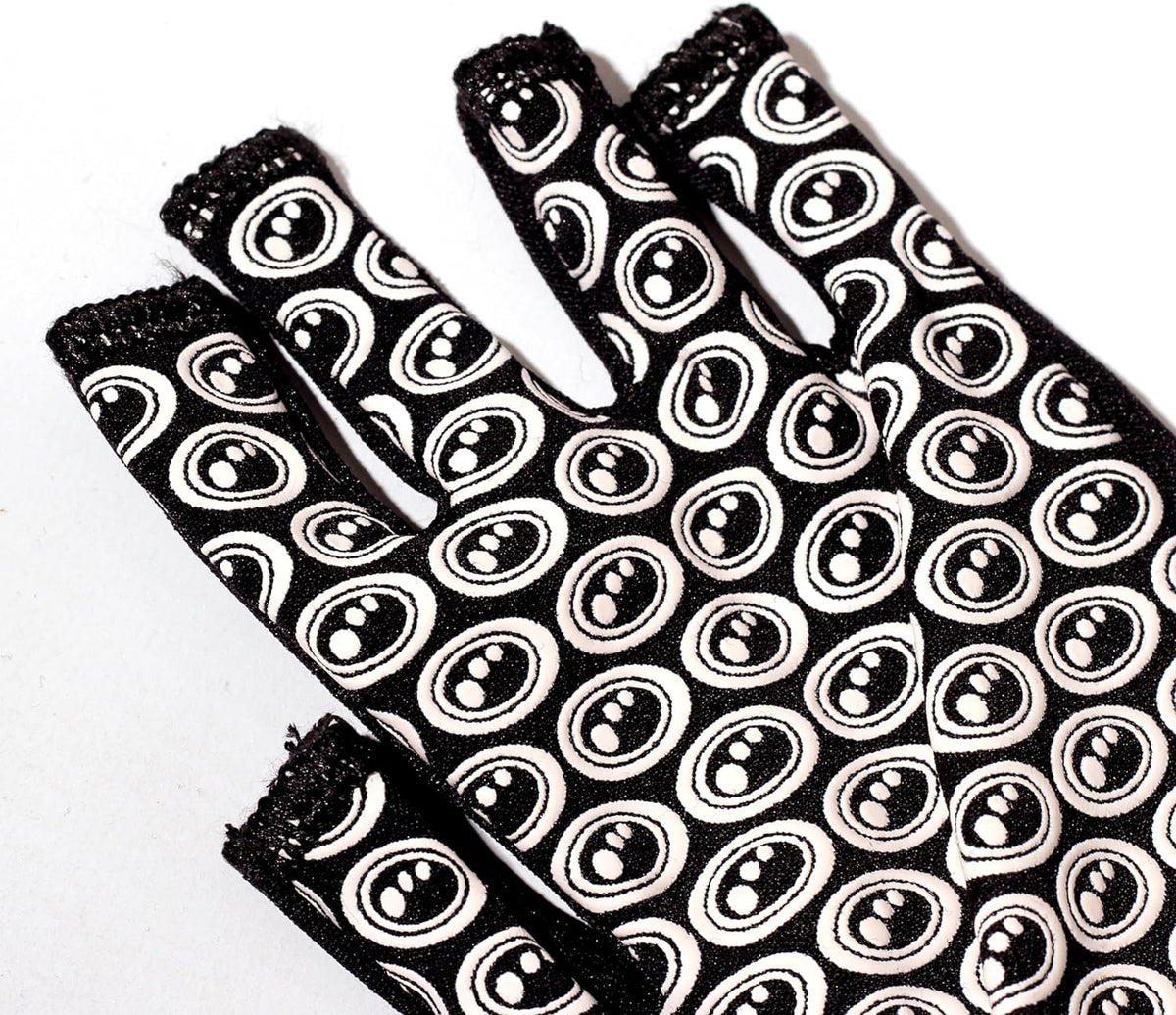 Close-up of black Optimum Stik Mits fingerless glove palm with all-over white oval grip print on white - Optimum