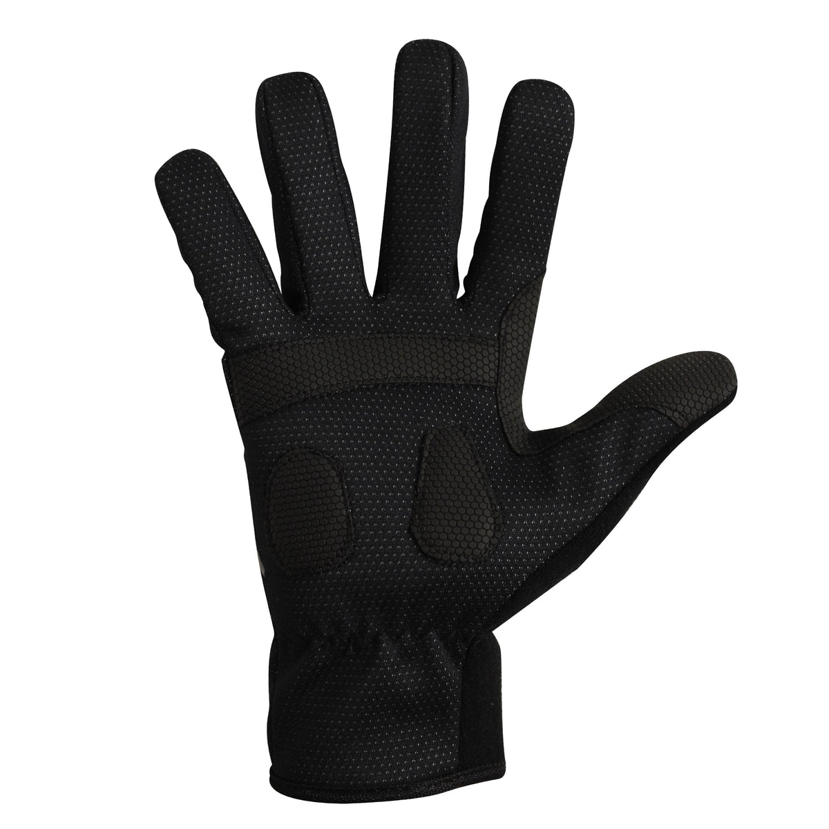 Black full-finger winter cycling glove, palm view with grippy padded palm, on white - Optimum