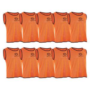 Ten orange Optimum mesh training bibs with black logo arranged in two rows on white - Optimum