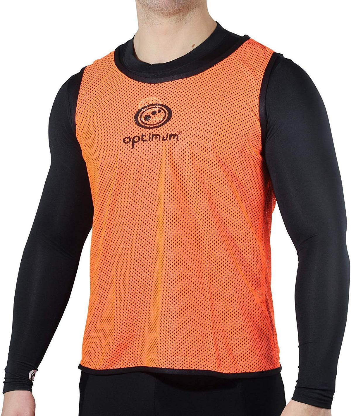 Person wearing an orange Optimum mesh training bib with black logo over black kit, front view - Optimum