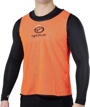 Person wearing an orange Optimum mesh training bib with black logo over black kit, front view - Optimum