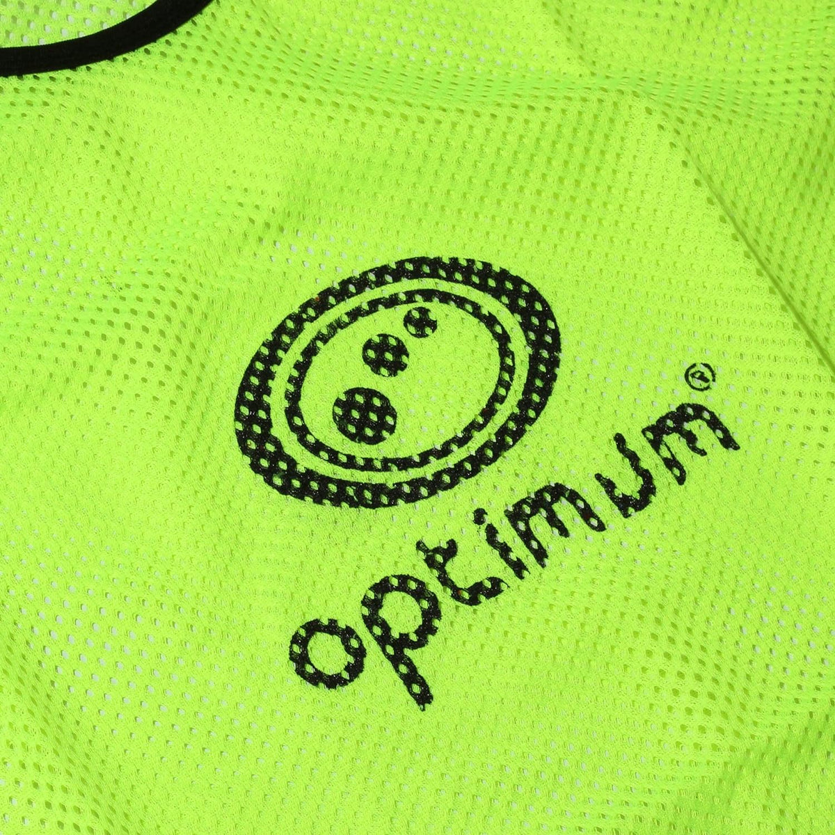 Close-up of black Optimum logo print on fluorescent yellow mesh training bib fabric - Optimum