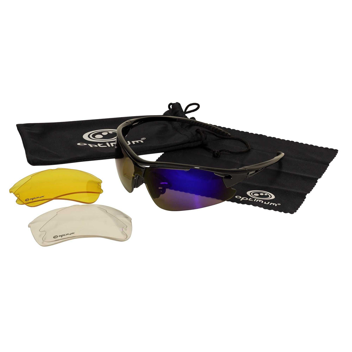 Black Optimum tri-lens sunglasses with blue mirrored lens, spare amber and clear lenses, pouch and cloth - Optimum
